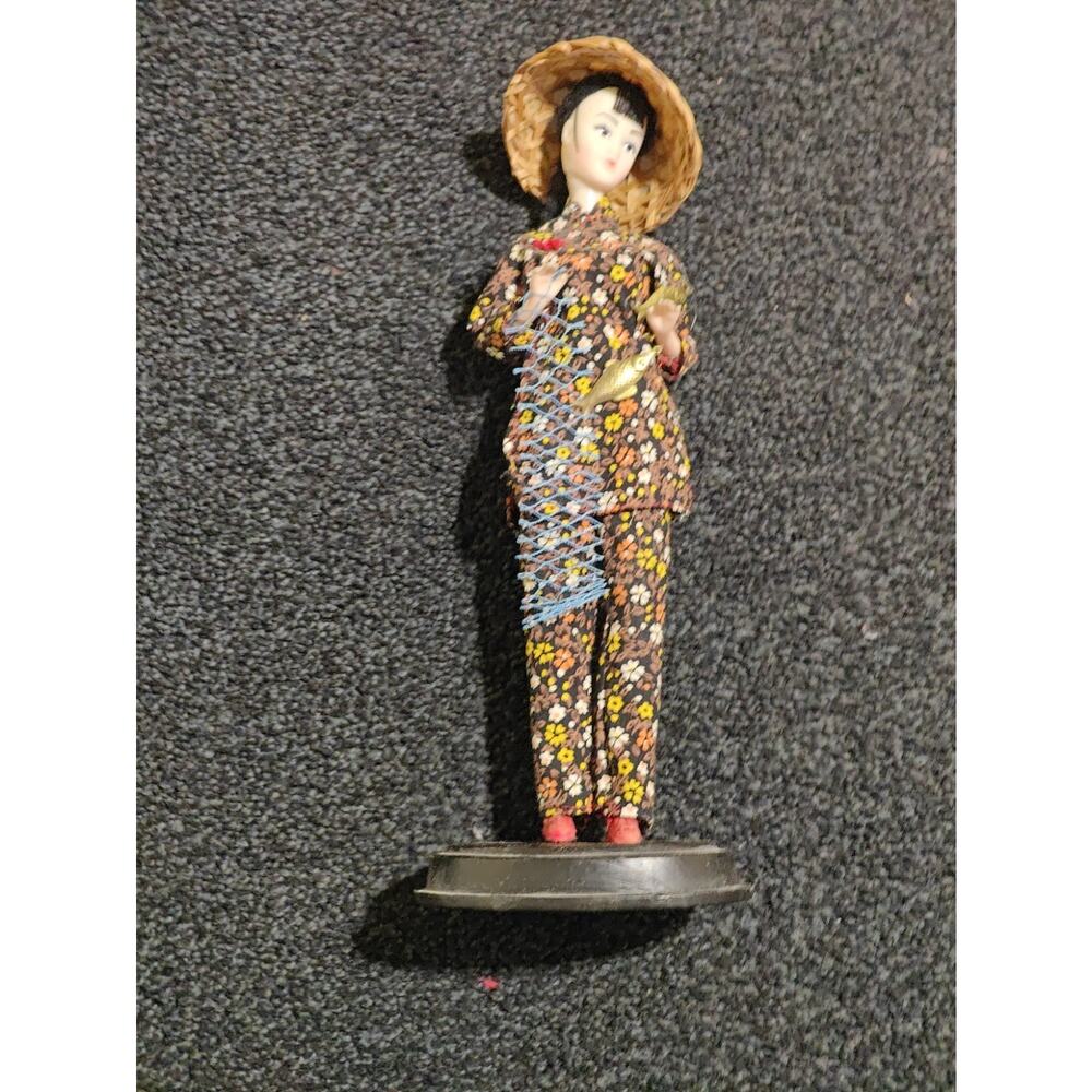 Handmade Chinese Fisherman Doll Floral Outfit Net Fish Conical Hat Stand 11in